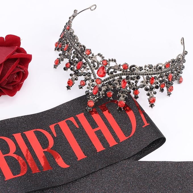 COCIDE Black Red Birthday Queen Sash for Women Happy Birthday Crowns Princess Tiaras Sashes for Girl Crystal Party Decorations Rhinestone Headband Supplies Decor