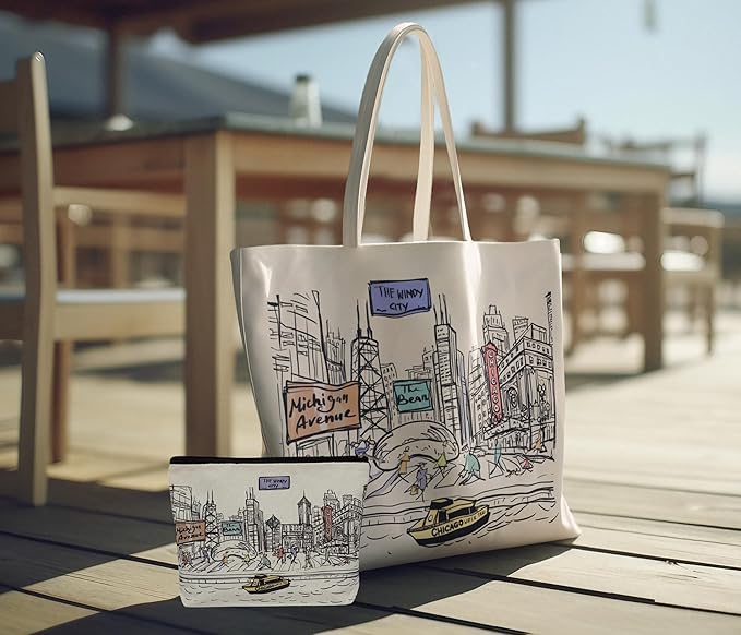 Cities Around the World Artwork Cosmetic Bag Series – Designed in USA, Travel Makeup Bag with Zipper, Souvenir Gift for Women, Artwork Organizer for Purse or Toiletry (Chicago)