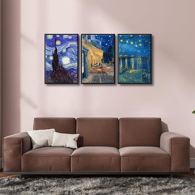 Wieco Art Black Framed 3 Panels Canvas Prints of Vincent Van Gogh Paintings Reproduction Starry Night Over the Rhone Cafe Terrace at Night Canvas Wall Art for Home Office Decor