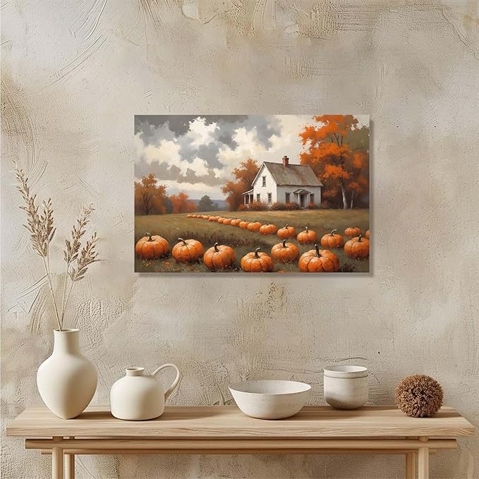 Autumn Pumpkin Patch Print Country Farm Natural Scenery Decorative Painting Suitable for Home Decor Bathroom Bedroom Living Room Decoration28x40in(70x100cm)- Framed
