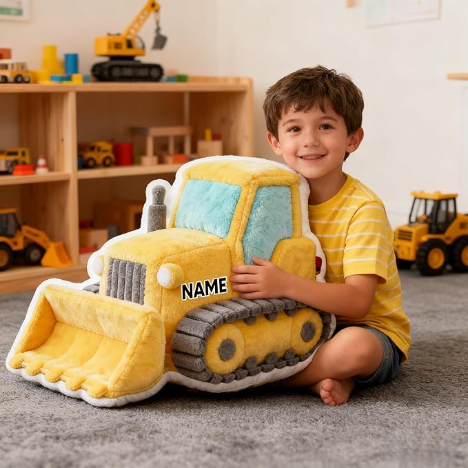 Personalized Bulldozer Shaped Pillow, Custom Name Plush Stuffed Pillows for Kids, Suitable for Beds, Sofas, Bedrooms, Living Rooms Custom Decorative Cushion Gifts for Birthday and Anniversary