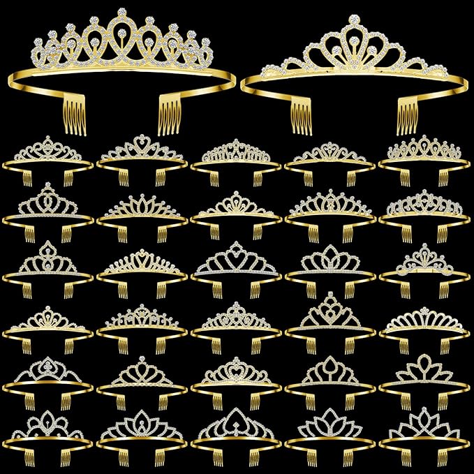 Lyrow 30 Pcs Tiara Crowns for Women Bulk Galentines Day Party Favors Crystal Queen Crowns with Comb Headband Princess Tiaras for Birthday Wedding Halloween Christmas (Gold)