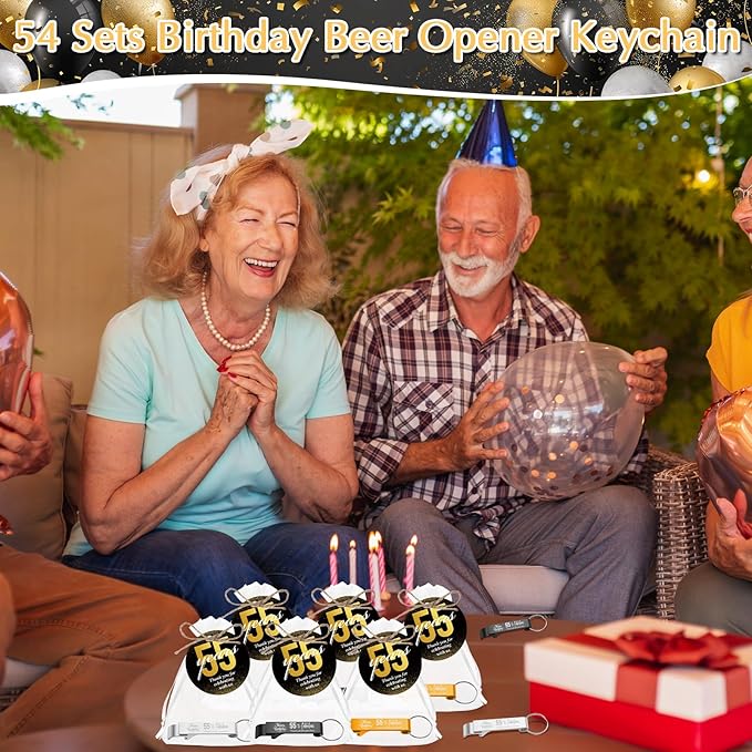 Dandat 54 Sets 55th Birthday Party Favors for Guests Birthday Beer Opener Keychain Cheers to 55 Bottle Opener Keychain with Thank You Cards and Gift Bags for Anniversary Wedding Party Favors