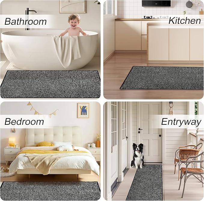 HDFK Bathroom Rugs Runner | Non Slip Washable Bath Mats 60x24 Inches 2 Tone Plush Chenille Medium Pile Floor Mat | Ultra Absorbent Black and White Shower Rug | Long Transition for Wet Dry Zone