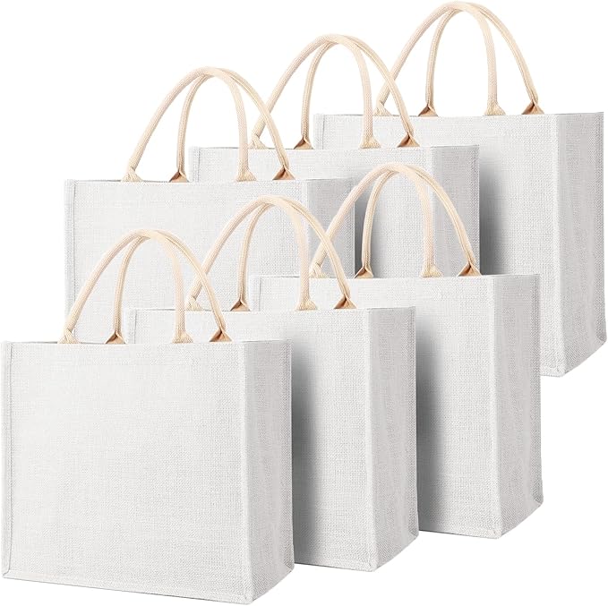 Segarty Tote Bags, 6 Pack Medium White Burlap Jute Reusable Gift Favors Bag Blank Tote with Handles Bulk for Bridesmaid Wedding, Women Market Grocery Shopping, Bachelorette Party, Beach Trip, DIY