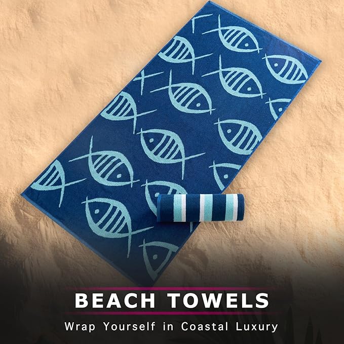 CASA COPENHAGEN Miami Bath Sheets Designed in Denmark Rough and Tough, Quick Dry, for Pool, Bath & Shower 35"x70", 2 Pieces Cotton Beach Towels Set - Fish Navy + Turquoise Stripe