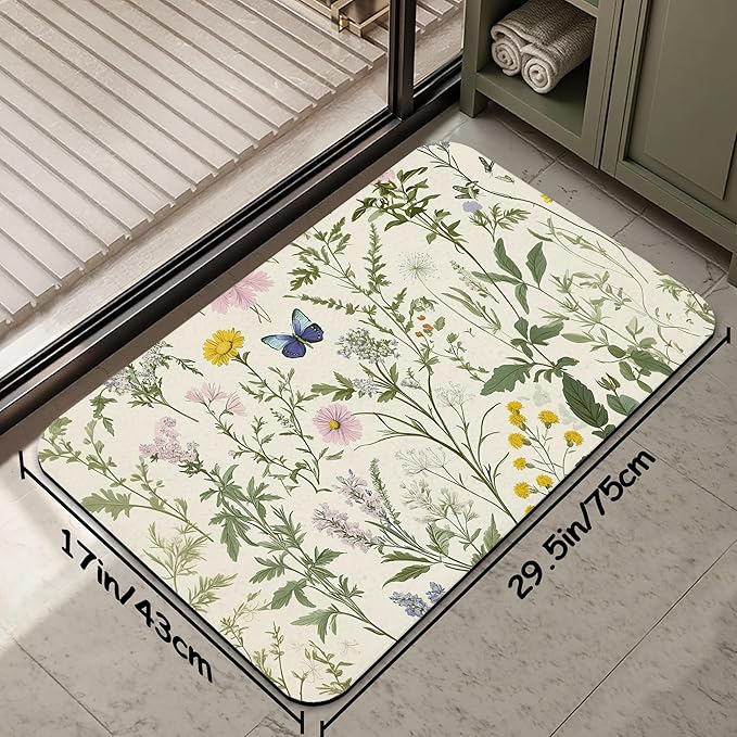 Vintage Floral Bath Mat 29.5"x17", Herbs Wild Flowers Slim Low-Profile Fast Drying Super Absorbent Bathroom Rug with Non-Slip Backing, Easy-Clean Modern Floor Mat for Tub, Shower, or Entryway