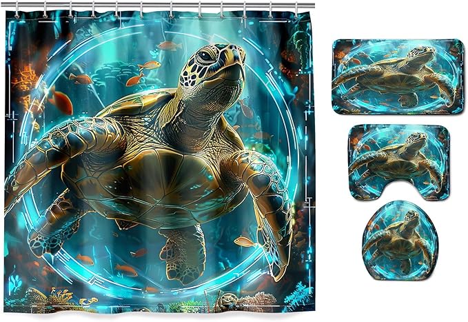 Turtle Shower Curtain - 4 Pcs Sea Turtle Shower Curtains for Bathroom Ocean Shower Curtains for Bathroom Coastal Shower Curtain Sea Themed Shower Curtain Sets with Shower Curtain and Rugs