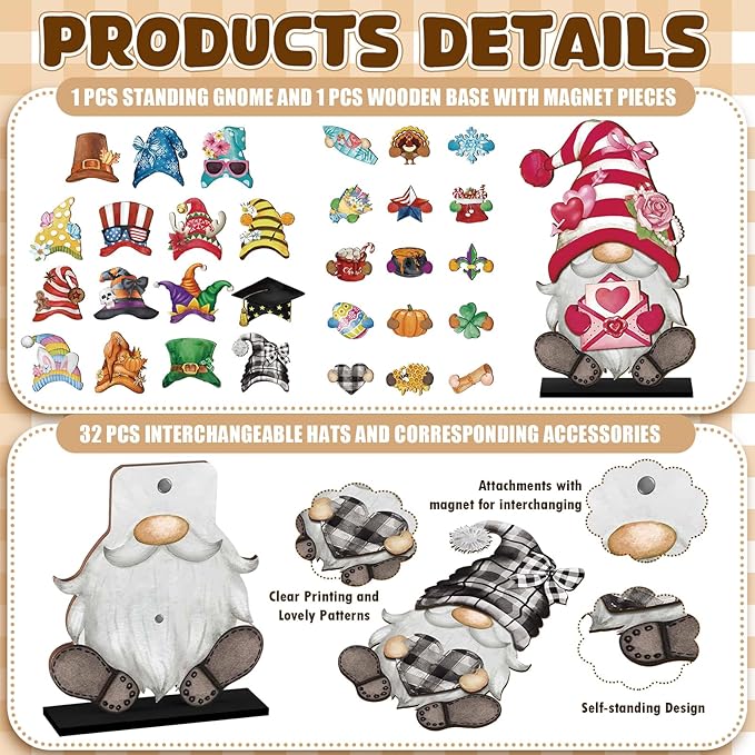 Blulu 34 Pcs Christmas Interchangeable Wooden Gnome Decor DIY Holiday Christmas Seasonal Tiered Tray Decoration Gnomes with Magnet Pieces Welcome Sign for Xmas Holiday Decorations (Retro Watercolor)