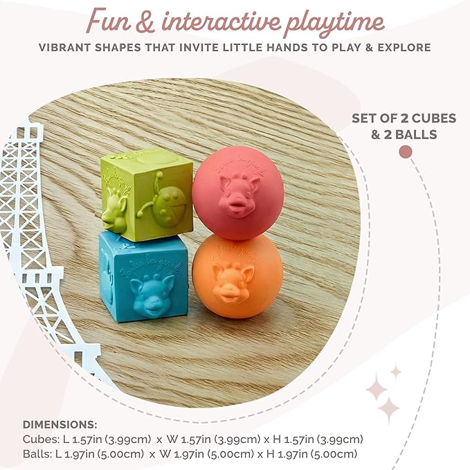 Sophie la girafe So'Pure Cubes & Balls | 4 Light & Colorful Balls | Easy to Grasp | Designed with Natural Rubber to Soothe & Awaken All 5 Senses
