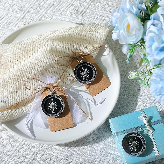 TaoBary 60 Pcs Compasses Valentines Day Wedding Party Favors Set, 2026 Mini Compass Souvenir Nautical with Kraft Tags and Organza Bag for Guests Birthday Nautical Travel Party Souvenir Gift(Silver)