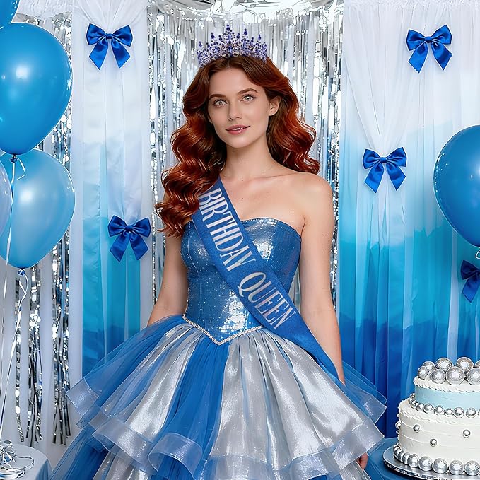 COCIDE Blue Birthday Queen Sash for Women Happy Birthday Crowns Princess Tiaras Sashes for Girl Crystal Party Decorations Rhinestone Headband Supplies Decor