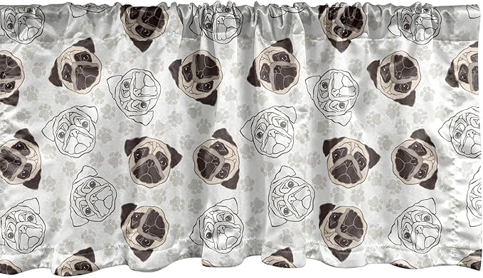 Ambesonne Dog Window Valance, Pug Portraits Traces Paw Print Background Canine Pet Illustration Mammal Animal, Curtain Valance for Kitchen Bedroom Decor with Rod Pocket, 42" x 12", Beige Brown Tan