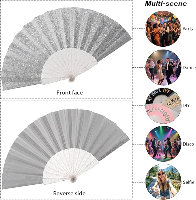 48 Pack Handheld Fan,Folding Hand Glitter fan with Shining Transparent Fan Rib – Ideal for Wedding, Church, Festival, Dance, Tea Party, Club, and EDM Accessories, Silvery