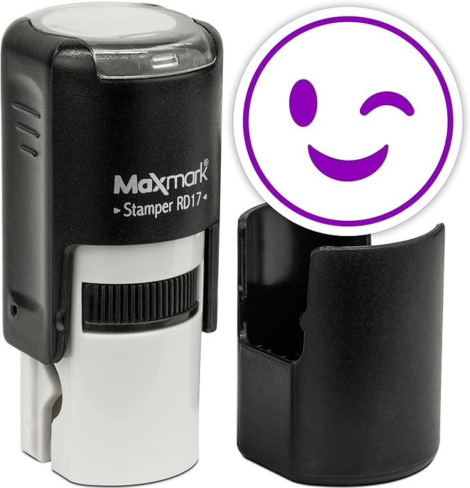 MaxMark Round Self Inking Emoji Stamp - Wink - Purple Ink
