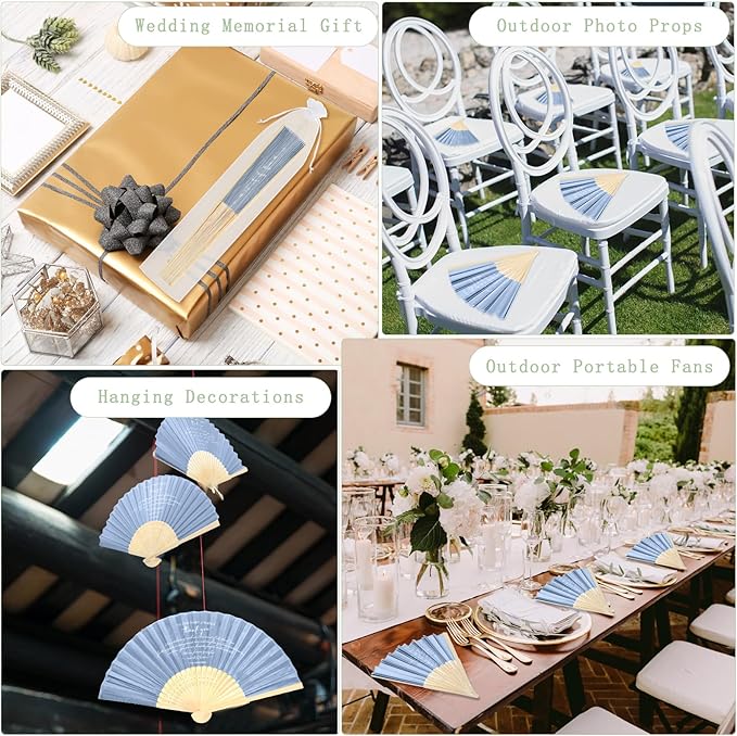 Menkxi 30 Pcs Silk Fabric Folding Fans Bulk for Wedding Guests Thank You Bamboo Folded Hand Fan for Bridal Shower Decoration Favor Vintage Handheld Fans Souvenirs with Organza Bag (Haze Blue,Classic)