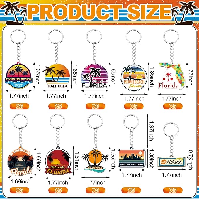 50 Pcs Florida Souvenirs Acrylic Keychain Gifts Bulk United State Keychain Palm Tree Sea Sun Map Travel Souvenirs