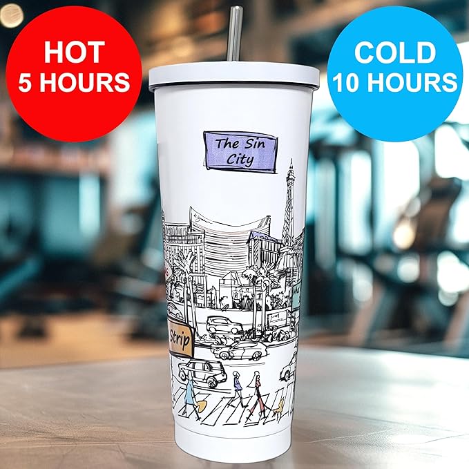 Cities Around the World 25 Oz Tumbler Series - Designed in the USA - Vacuum Insulated Tumbler with Lids & Straw - Stainless Steel Coffee Water Travel Mug, for Hot Cold Drink (Las Vegas)