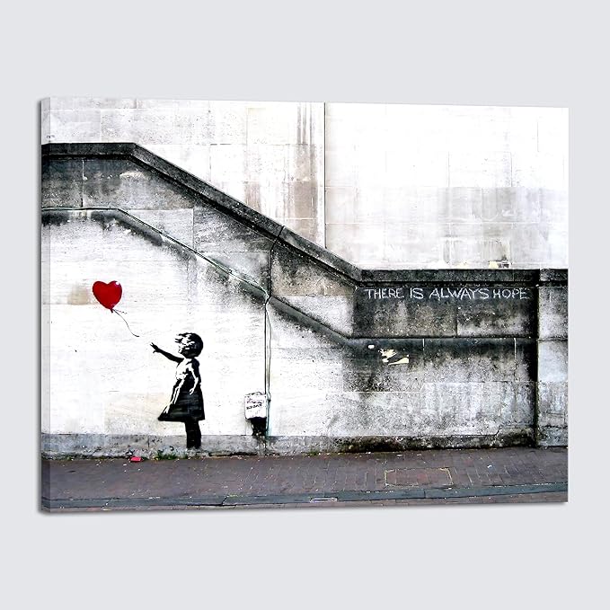 Wieco Art Canvas Paintings Wall Art Banksy Grafitti Girl with Red Balloon Grey Large Love Canvas Prints Pictures Modern Gallery Wrapped Inspirational Artwork Ready to Hang for Home Office Decor