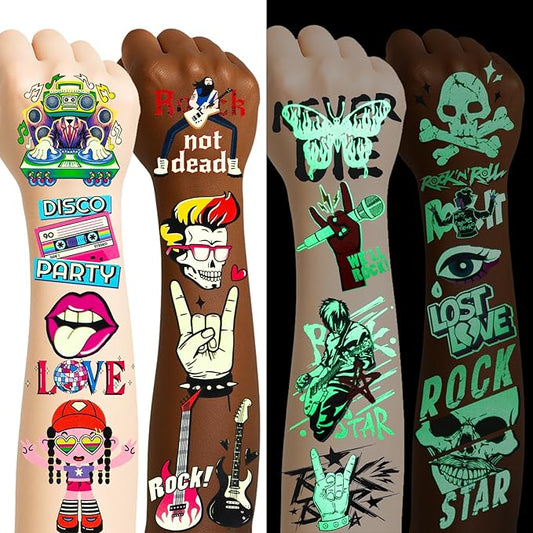 Rock and Roll Temporary Tattoos for Women Teens, Y2K 90s Music Party Favors, Waterproof Fake Tattoo Stickers with Guitar Skull Cassette Graffiti Designs for Concert Festival Rave Accessories