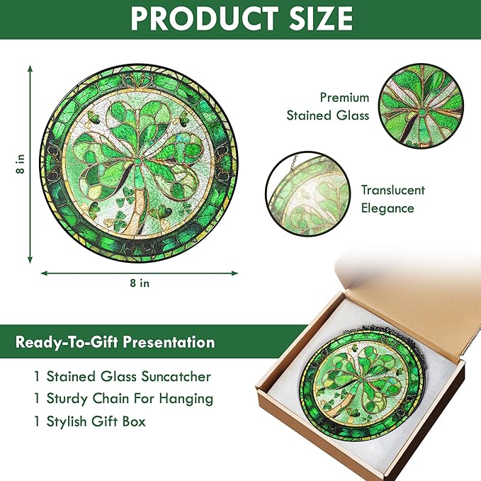 FLAGWIX Irish Gifts for Women Men - 100% Stained Glass Hanging Suncatcher 8 in - Birthday Irish Decorations for Family Friends, Shamrock Home Decor, St Patricks Day Decorations