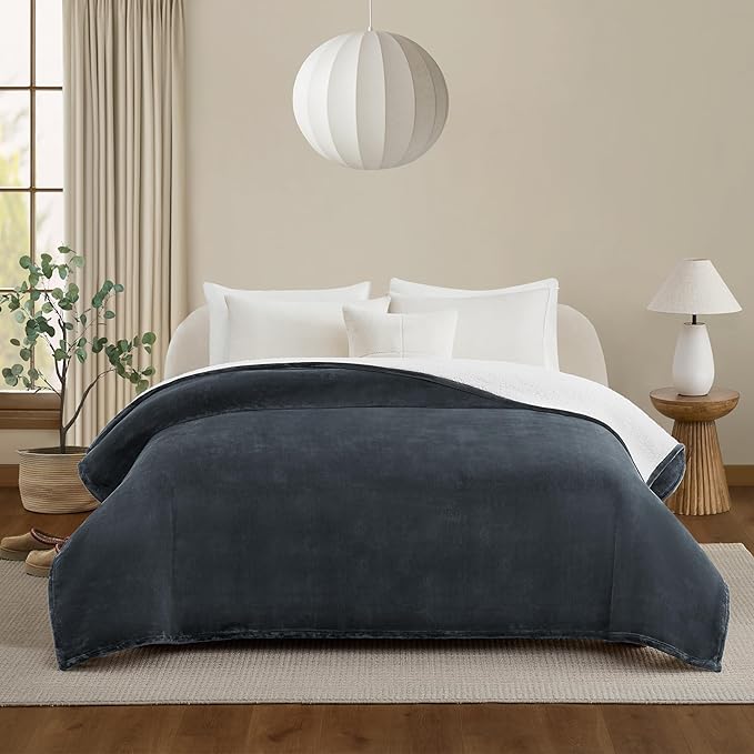 UGG Nita Full/Queen Blanket Fleece Fluffy Reversible Soft Fuzzy Bedding Cozy Plush Warm Oversized Blanket Machine Washable Bedroom Decor for Big Couch or Bed, 90-inch x 90-inch, Charcoal Grey