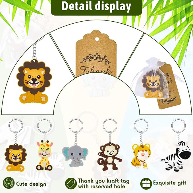 270 Pieces Cute Jungle Animal Keychains Safari Baby Shower Decorations Zoo Animals Decoration with Thanks Tags and Organza Bags for Birthday Favor