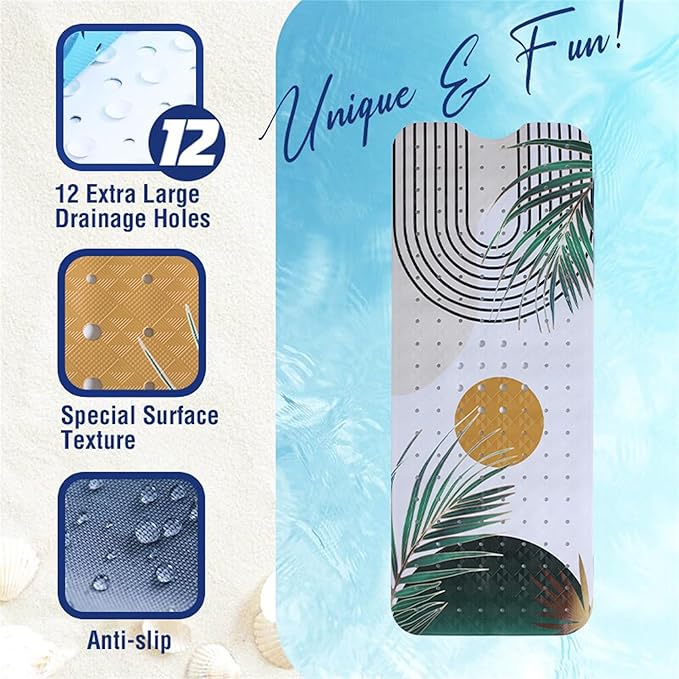 Bathtub Mat Non Slip Boho 40x16in Palm Leaves Extra Long Bohemia Bath Mat for Tub Abstract Art Anti Slip Shower Mat for Bathroom with Large Drain Holes and Suction Cups Quality Bath Mats Decor