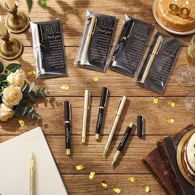 30 Set 90th Birthday Party Favor for Guest Anniversary Party Favor with Black and Gold Ballpoint Pens and Thank You Cards for Women Men Birthday Anniversary Appreciation Gifts
