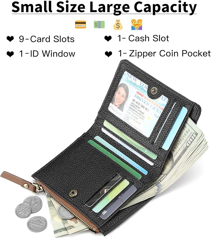 SENDEFN Small Wallet Women Leather RFID Blocking Bifold Zipper Pocket Card Holder with ID Window