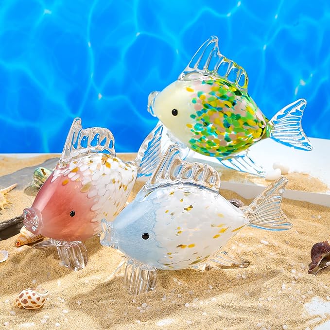 Ornalrist Blown Glass Fish Statue - Handmade Ocean Decor for Living Room, Blue Colorful Fish Gifts for Women, Mom, Friends, Lovers