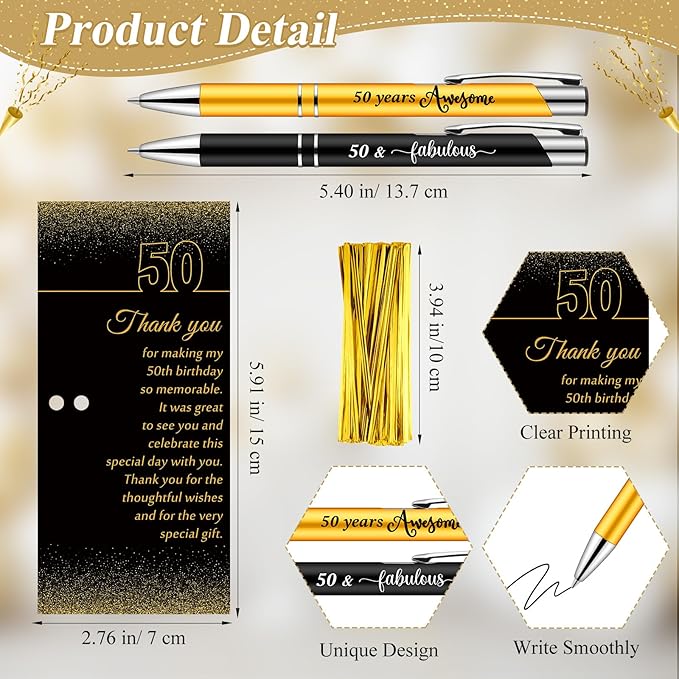 25 Sets 50th Birthday Party Favors for Guests with Golden Birthday Ballpoint Pens and Thank You Cards for Men Women Anniversary Wedding New Year Gifts
