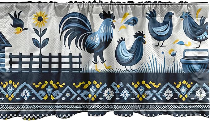 Ambesonne Farmhouse Window Valance, Modern Scandinavian Floral Ornate Barn Scenario Roosters Sunflowers, Curtain Valance for Kitchen Bedroom Decor with Rod Pocket, 54" X 12", Blue Yellow