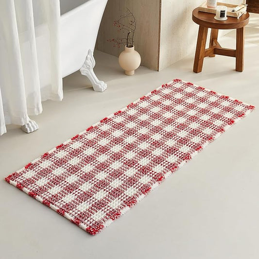 Waffle Runner Rug Bathroom, Long Boho Christmas Bathroom Rugs Non Slip Washable Absorbent Checkered Bathroom Mat Quick Dry Cute Bath Mat, 60"x24" Red and White
