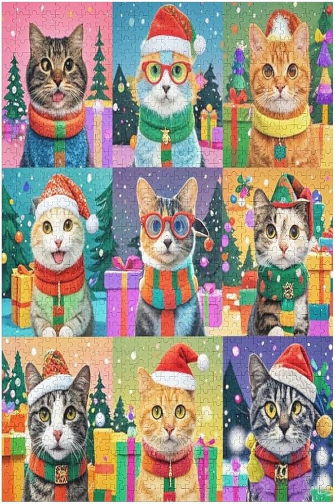 Wooden Puzzle 1000 Pieces Adult - Christmas Cat Puzzle Christmas Puzzles, Holiday Puzzles, Family Toys, Party Games, Jigsaw Puzzle Challenge and Funny