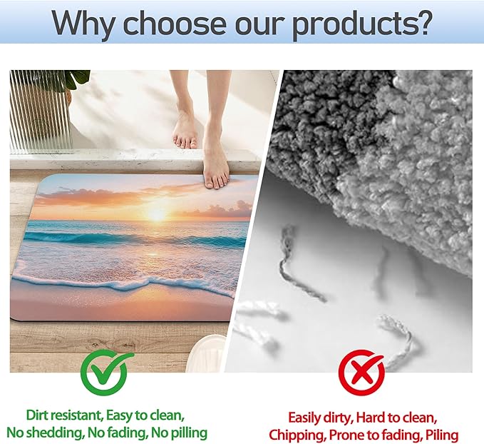Sunset Beach Bathroom Mat, Non-Slip Rubber Backing Thin Low-Profile Bath Rug, Easy-Clean Bathroom Floor Mat for Shower, Bathtub, Kitchen, or Entryway