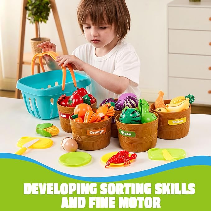 JOYIN Learning Toys Play Food Set for Toddlers, Cutting Food for Preschool Activities, Play Kitchen Accessories, Educational Toys, Color Sorting Set for Boys & Girls, Gifts for Christmas