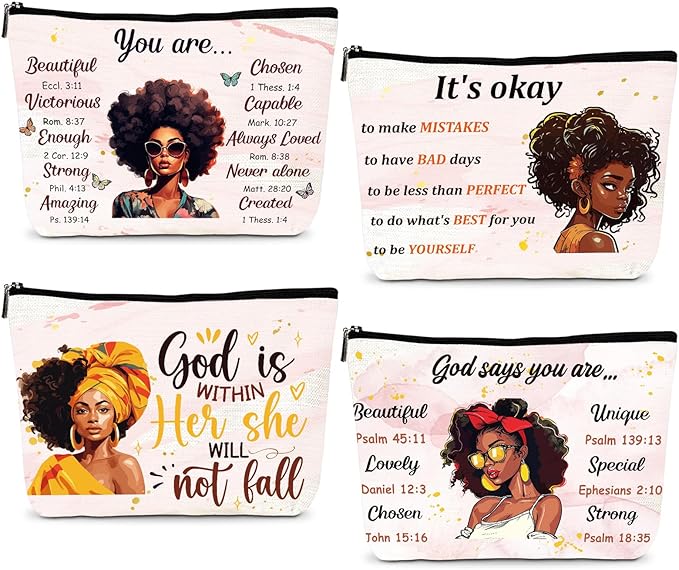 African American Makeup Bags - 4Pcs Inspirational Gifts for Black Women, Afro Queen Cosmetic Toiletry Bags with Zipper Pouch Organizer, Black Girls Owned Gifts for Friends Sisters Mom