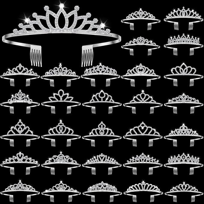 Lyrow 30 Pcs Tiara Crowns for Women Bulk Galentines Day Party Favors Crystal Queen Crowns with Comb Headband Princess Tiaras for Birthday Wedding Halloween Christmas(Silver)