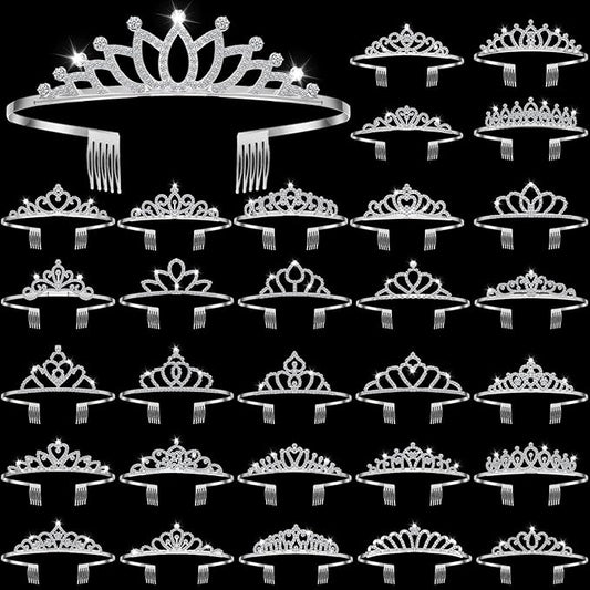 Lyrow 30 Pcs Tiara Crowns for Women Bulk Galentines Day Party Favors Crystal Queen Crowns with Comb Headband Princess Tiaras for Birthday Wedding Halloween Christmas(Silver)