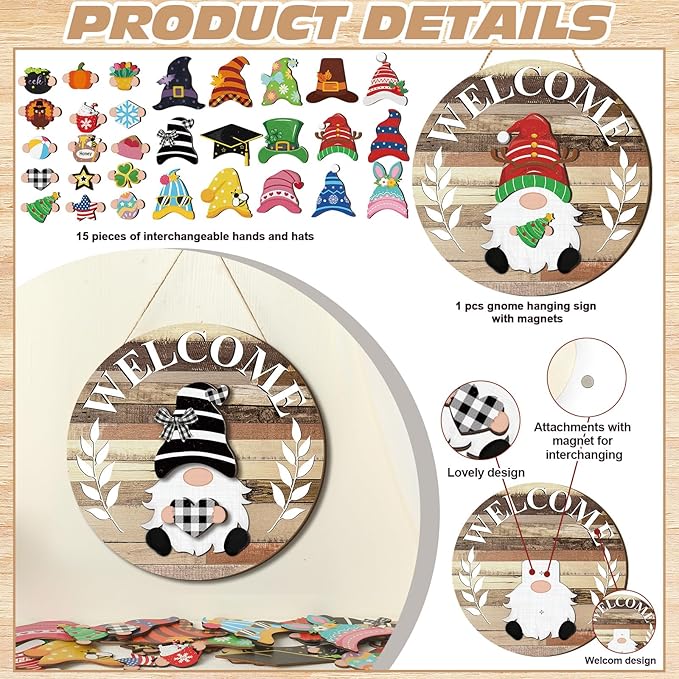 Qunclay Interchangeable Wooden Gnome Decor Holiday Seasonal Gnome Decorations with Magnet Pieces and Detachable Hats Changeable Welcome Sign for Home (Farmouse)