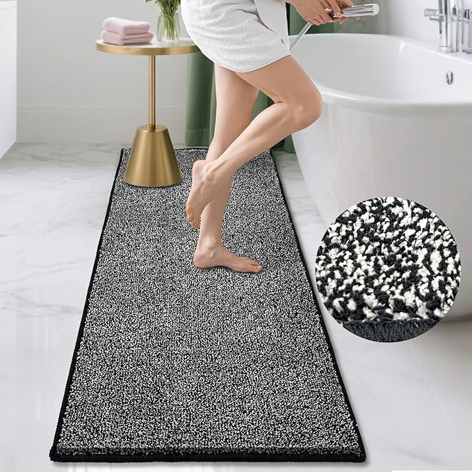 HDFK Bathroom Rugs Runner | Non Slip Washable Bath Mats 60x24 Inches 2 Tone Plush Chenille Medium Pile Floor Mat | Ultra Absorbent Black and White Shower Rug | Long Transition for Wet Dry Zone