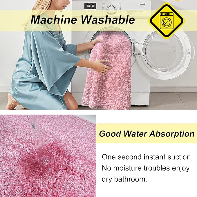 HDFK Bathroom Rugs | Non Slip Washable Bath Mats 2 Tone 30x20 Inches Plush Chenille Medium Pile Floor Mat | High Absorbency Pink and White | Modern Shower Rug for Home Decor