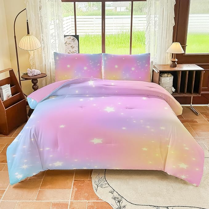Rainbow Bedding Set Full Size – 5 Piece Reversible Girls Comforter with Deep-Pocket Sheet, Gradient Galaxy Design, Whole-Piece Filling, Machine Washable Bed-in-a-Bag for Kids Room Makeover & Gifts