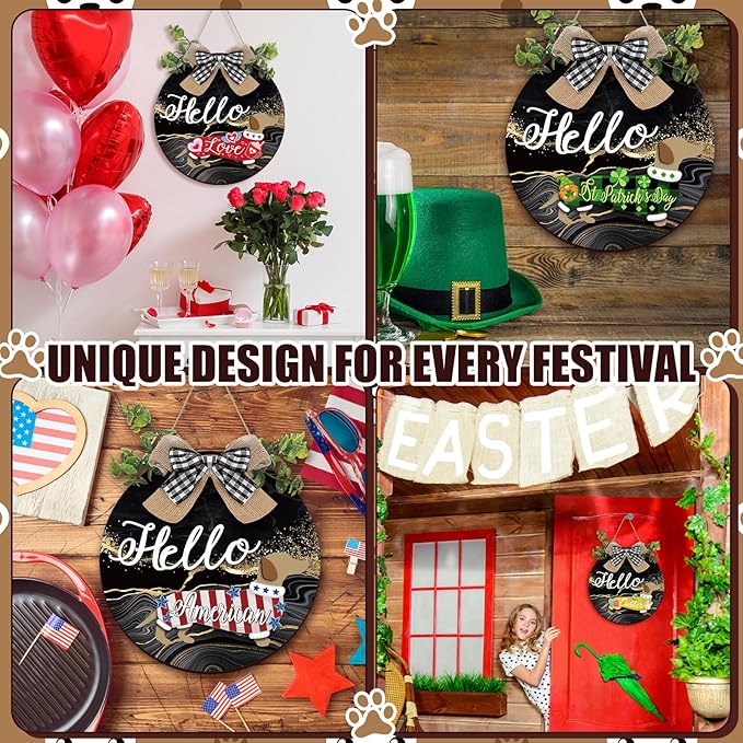 Glenmal 16 Pcs Seasonal Dachshund Door Decor for All Season and Holiday Hanging Cute Christmas Dachshund Welcome Sign Rustic Wooden Farmhouse Front Door Signs Outdoor(Black, Gold)