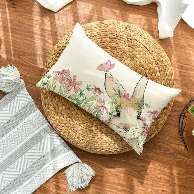 AVOIN colorlife Easter Floral Garland Bunny Throw Pillow Cover, 12 x 20 Inch Spring Rabbit Holiday Cushion Case Decoration for Sofa Couch