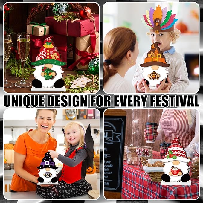 Blulu 34 Pcs Christmas Interchangeable Wooden Gnome Decor DIY Holiday Christmas Seasonal Tiered Tray Decoration Gnomes with Magnet Pieces Welcome Sign for Xmas Holiday Decorations (Stylish)