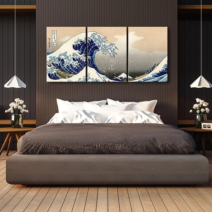 Wieco Art Great Wave of Kanagawa Katsushika Hokusai 3 Piece Modern Canvas Prints Artwork Abstract Pictures Paintings on Canvas Wall Art for Home Office Decorations Wall Decor