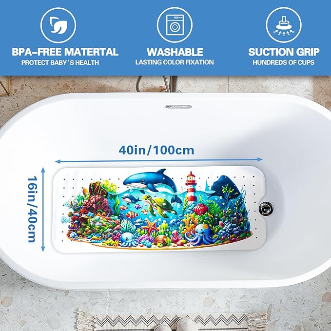 Kids Bath Mat with Ocean Theme Design, 40x16 inches, Non-Slip with 200 Suction Cups, Cartoon Sea Animals Pattern (Turtle+Whale, 40 * 16in)