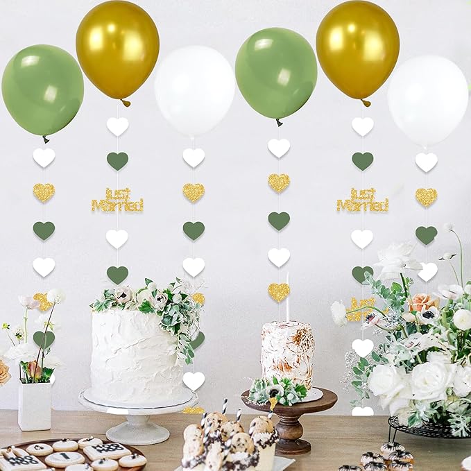 Sage Green Just Married Wedding Party Decorations Gold/Green/White Heart Just Married Garland and Balloons for Wedding Bridal Shower Party